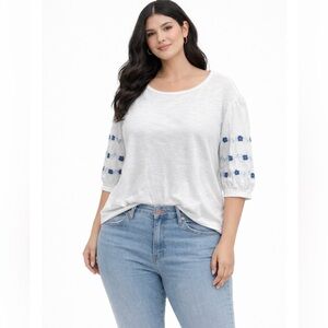 LOFT White Blouse with Blue Embroidery